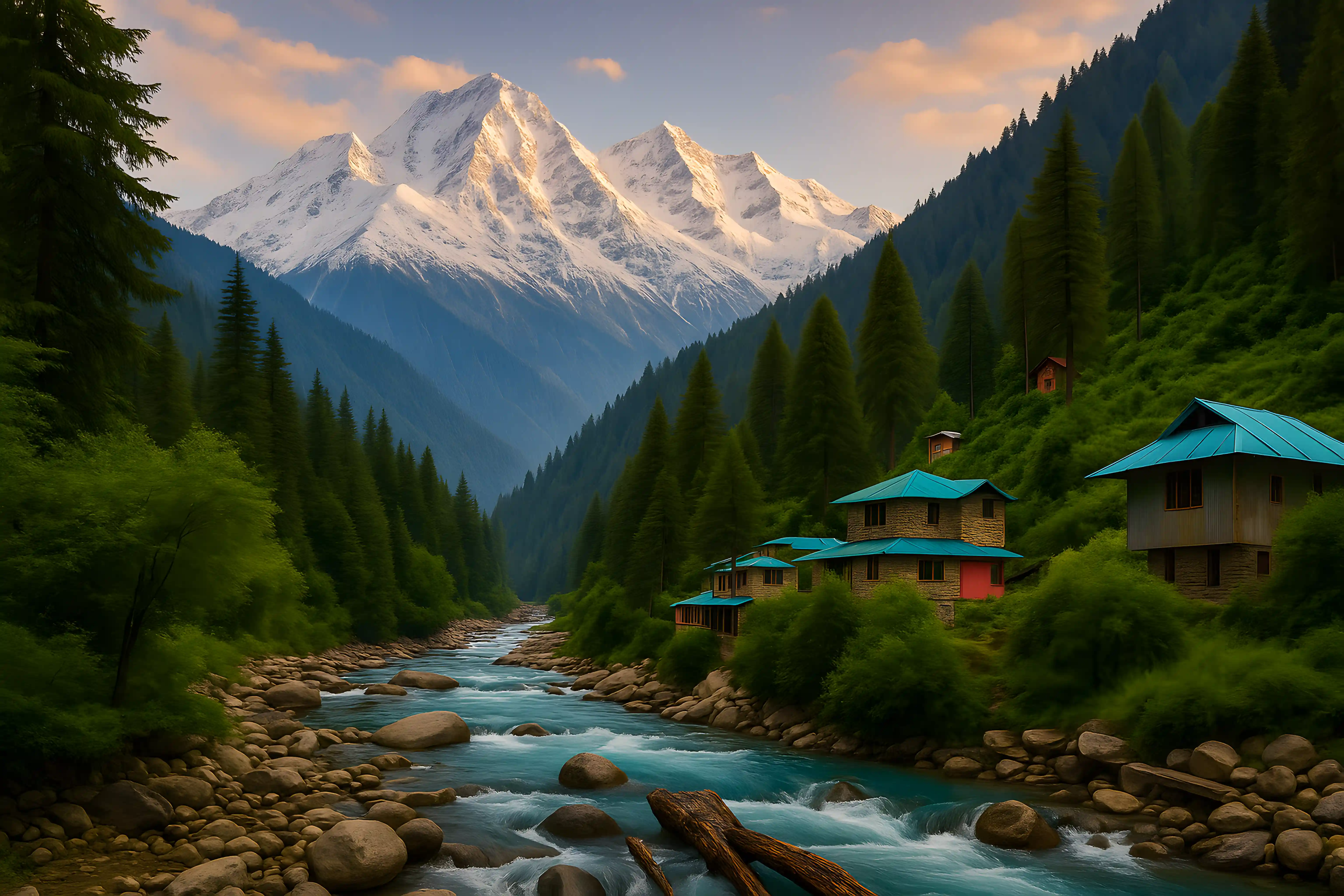 Mountain stream and cottages